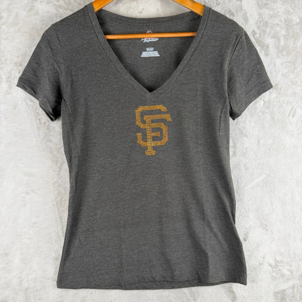 Majestic San Francisco Giants Womens Small Charcoal Gray Rhinestone V-Neck Shirt